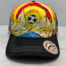 Load image into Gallery viewer, Jackson Hole Youth Soccer Logo &quot;Artwork By Abby&quot; Mountains &amp; River Mesh Trucker Hat
