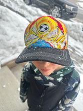 Load image into Gallery viewer, Jackson Hole Youth Soccer Logo &quot;Artwork By Abby&quot; Mountains &amp; River Mesh Trucker Hat
